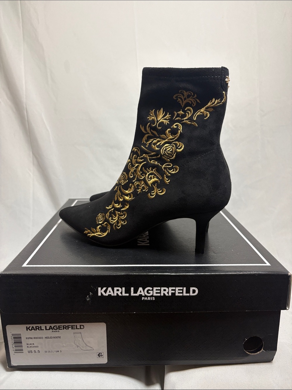 Karl Lagerfeld Black Stretch Sock Booties with Gold Embroidery - Picture 4 of 6